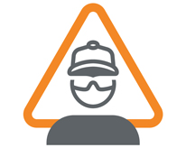 Orange triangle with person icon wearing safety hat and glasses